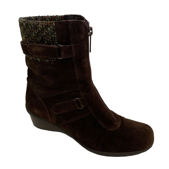 Aquatalia Brown Ankle Boot Wedge Heel Front Zip Suede Knit Cuff Waterpro… - Picture 1 of 8